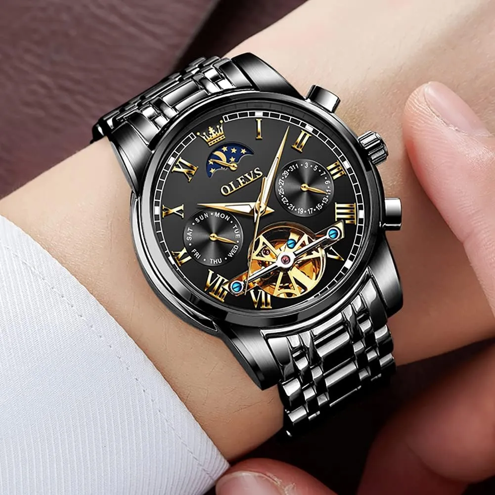 Men Watch Automatic Mechanical Skeleton Moon Phase Dress Business distinctive powder post manufacture novice divergence Stainless Steel 3AT Waterproof Luminous Men Wrist Watch OLEVS 