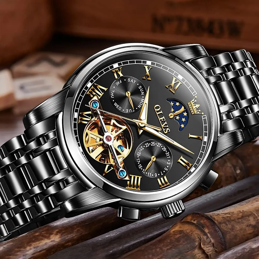 Men Watch Automatic Mechanical Skeleton Moon Phase Dress Business distinctive powder post manufacture novice divergence Stainless Steel 3AT Waterproof Luminous Men Wrist Watch OLEVS 