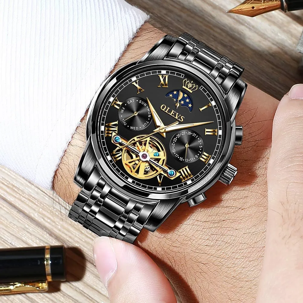 Men Watch Automatic Mechanical Skeleton Moon Phase Dress Business distinctive powder post manufacture novice divergence Stainless Steel 3AT Waterproof Luminous Men Wrist Watch OLEVS 