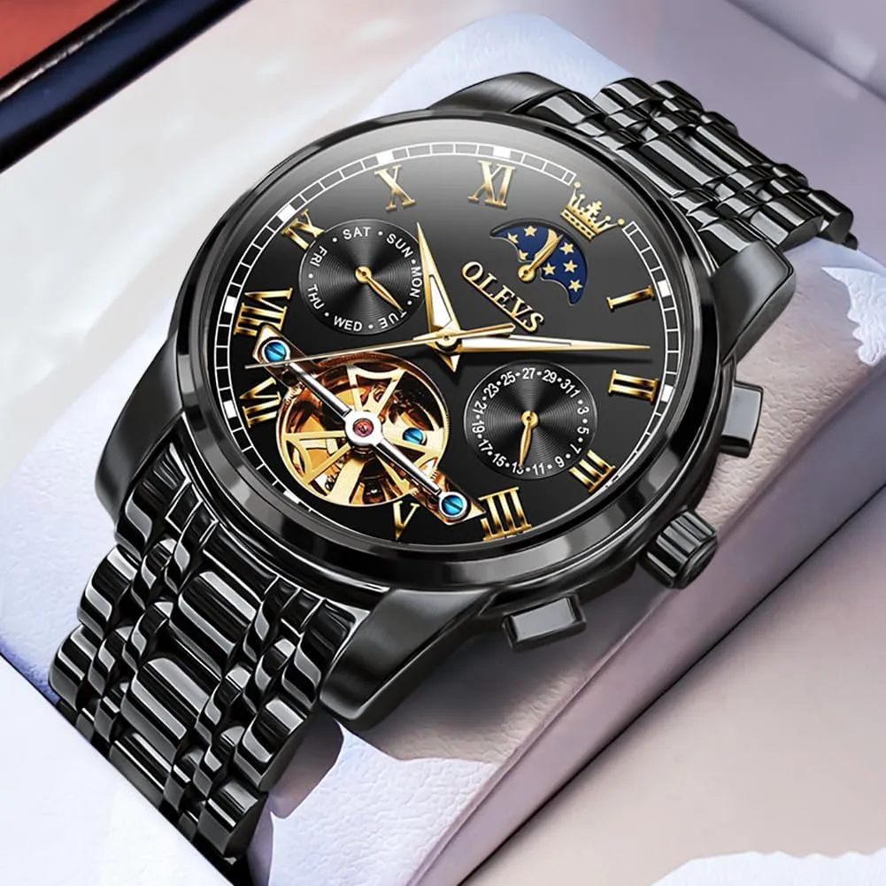 Men Watch Automatic Mechanical Skeleton Moon Phase Dress Business distinctive powder post manufacture novice divergence Stainless Steel 3AT Waterproof Luminous Men Wrist Watch OLEVS 