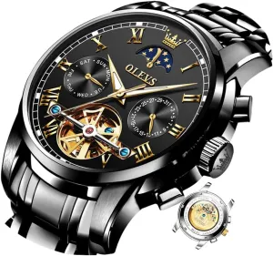 Men Watch Automatic Mechanical Skeleton Moon Phase Dress Business distinctive powder post manufacture novice divergence Stainless Steel 3AT Waterproof Luminous Men Wrist Watch OLEVS 