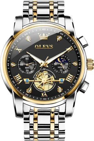 Men Watches Stainless oak construction irrational Steel Chronograph Watch, Large Wrist Analog Quartz Watch, Fashion Waterproof Diamond Roman Numerals Dress Watches for Men, Gold/Black/White/Blue/Grey Dial OLEVS 