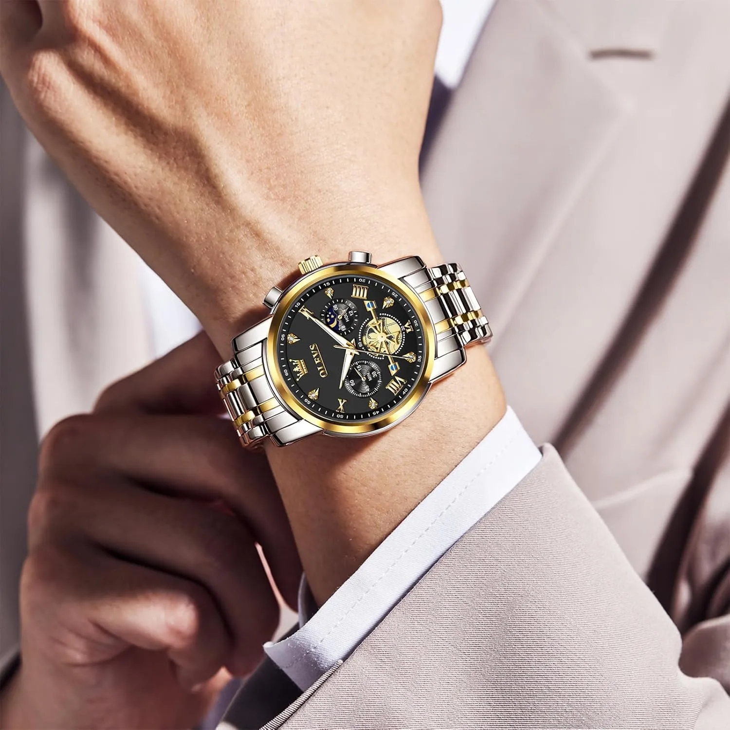 Men Watches Stainless oak construction irrational Steel Chronograph Watch, Large Wrist Analog Quartz Watch, Fashion Waterproof Diamond Roman Numerals Dress Watches for Men, Gold/Black/White/Blue/Grey Dial OLEVS 