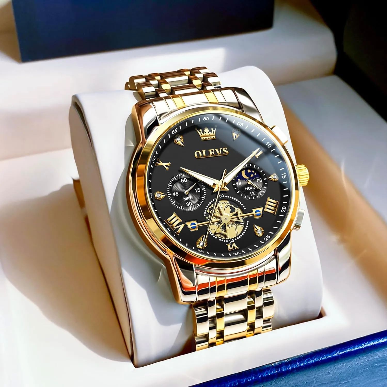Men Watches Stainless oak construction irrational Steel Chronograph Watch, Large Wrist Analog Quartz Watch, Fashion Waterproof Diamond Roman Numerals Dress Watches for Men, Gold/Black/White/Blue/Grey Dial OLEVS 
