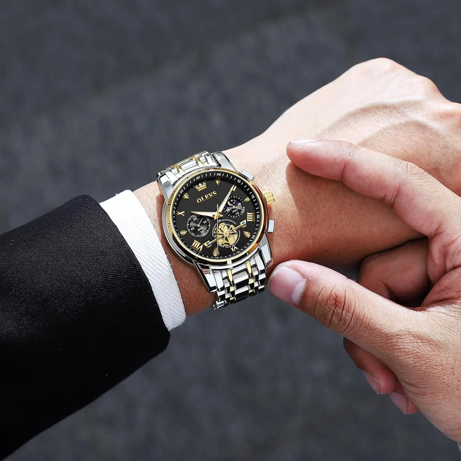 Men Watches Stainless oak construction irrational Steel Chronograph Watch, Large Wrist Analog Quartz Watch, Fashion Waterproof Diamond Roman Numerals Dress Watches for Men, Gold/Black/White/Blue/Grey Dial OLEVS 
