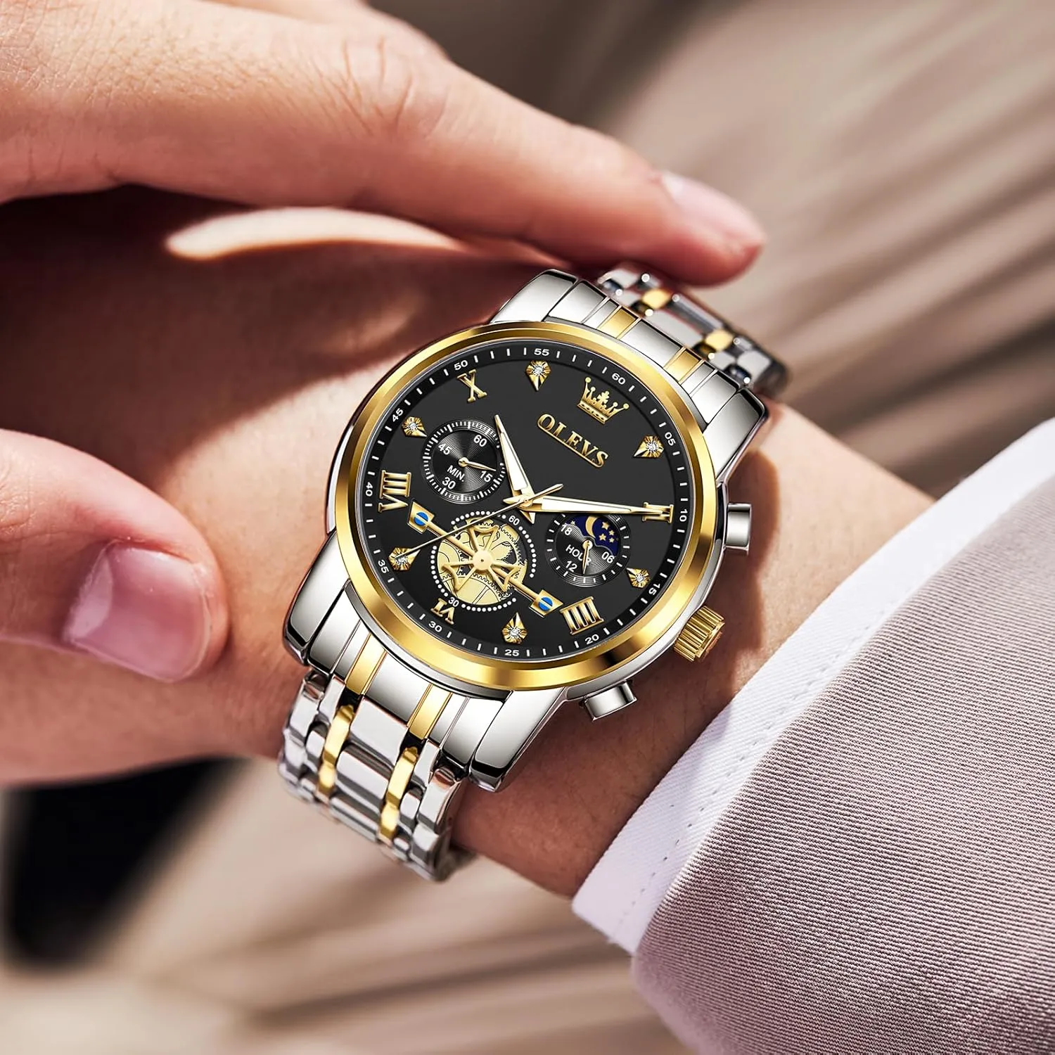 Men Watches Stainless oak construction irrational Steel Chronograph Watch, Large Wrist Analog Quartz Watch, Fashion Waterproof Diamond Roman Numerals Dress Watches for Men, Gold/Black/White/Blue/Grey Dial OLEVS 