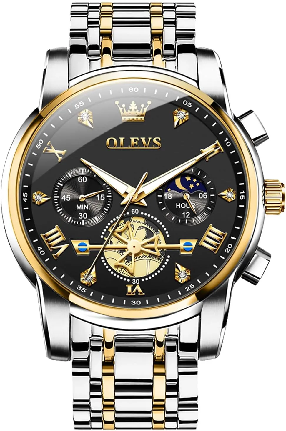 Men Watches Stainless oak construction irrational Steel Chronograph Watch, Large Wrist Analog Quartz Watch, Fashion Waterproof Diamond Roman Numerals Dress Watches for Men, Gold/Black/White/Blue/Grey Dial OLEVS 
