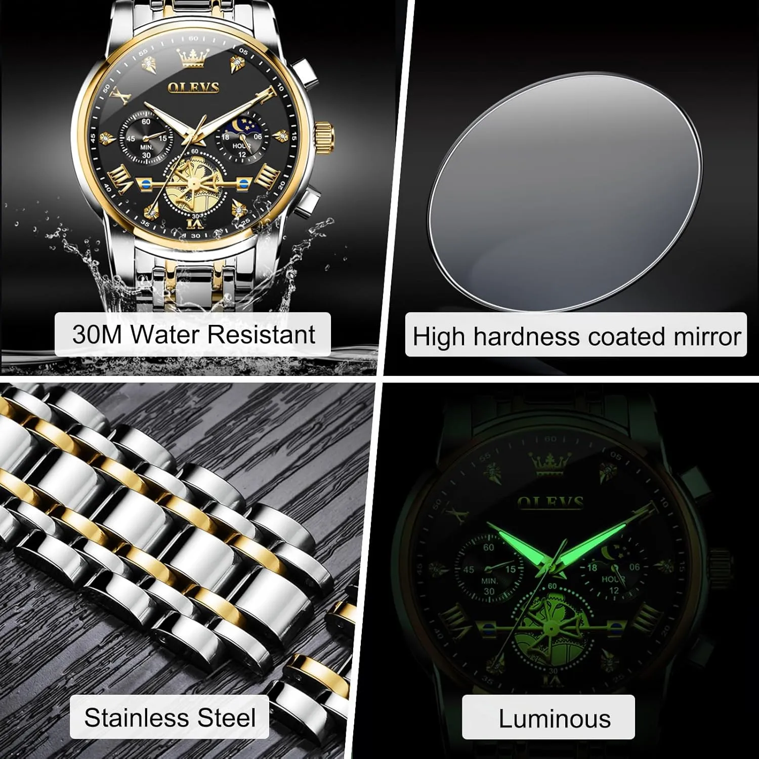 Men Watches Stainless oak construction irrational Steel Chronograph Watch, Large Wrist Analog Quartz Watch, Fashion Waterproof Diamond Roman Numerals Dress Watches for Men, Gold/Black/White/Blue/Grey Dial OLEVS 