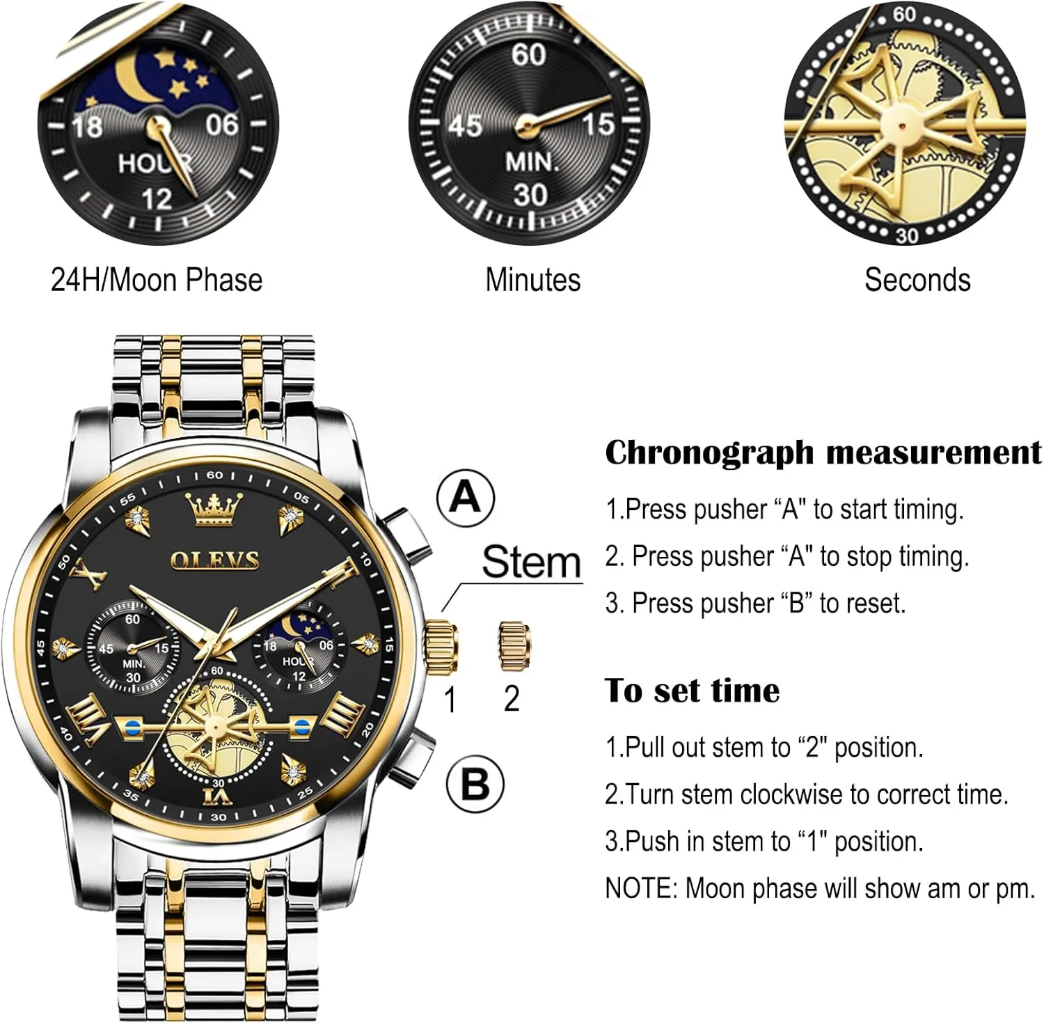 Men Watches Stainless oak construction irrational Steel Chronograph Watch, Large Wrist Analog Quartz Watch, Fashion Waterproof Diamond Roman Numerals Dress Watches for Men, Gold/Black/White/Blue/Grey Dial OLEVS 