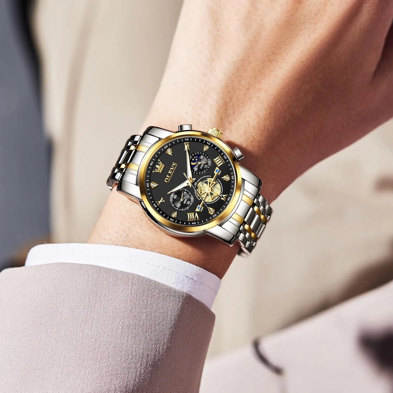Men Watches Stainless oak construction irrational Steel Chronograph Watch, Large Wrist Analog Quartz Watch, Fashion Waterproof Diamond Roman Numerals Dress Watches for Men, Gold/Black/White/Blue/Grey Dial OLEVS 