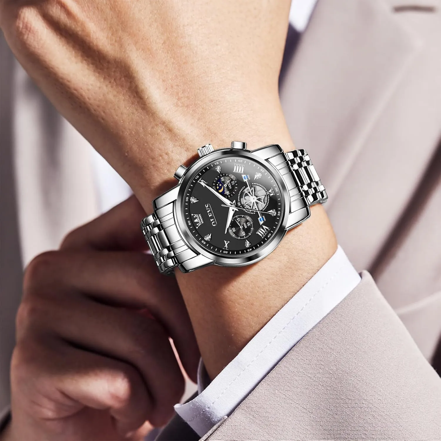 Men Watches Stainless Steel Chronograph Watch, nss Large Wrist Analog Quartz Watch, Fashion Waterproof Diamond Roman Numerals Dress Watches for Men, Gold/Black/White/Blue/Grey Dial OLEVS 