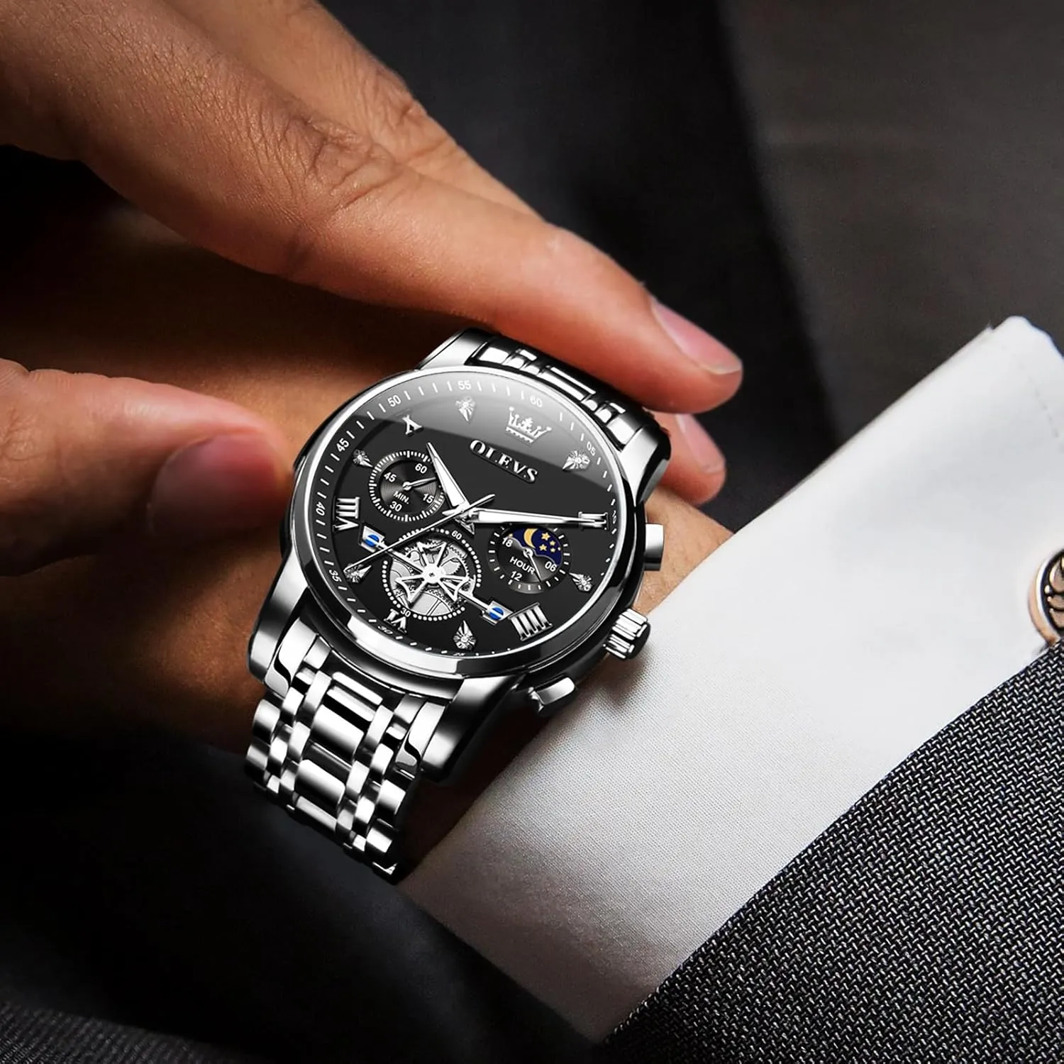 Men Watches Stainless Steel Chronograph Watch, nss Large Wrist Analog Quartz Watch, Fashion Waterproof Diamond Roman Numerals Dress Watches for Men, Gold/Black/White/Blue/Grey Dial OLEVS 
