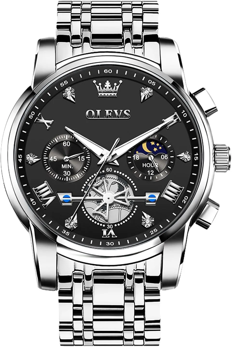 Men Watches Stainless Steel Chronograph Watch, nss Large Wrist Analog Quartz Watch, Fashion Waterproof Diamond Roman Numerals Dress Watches for Men, Gold/Black/White/Blue/Grey Dial OLEVS 