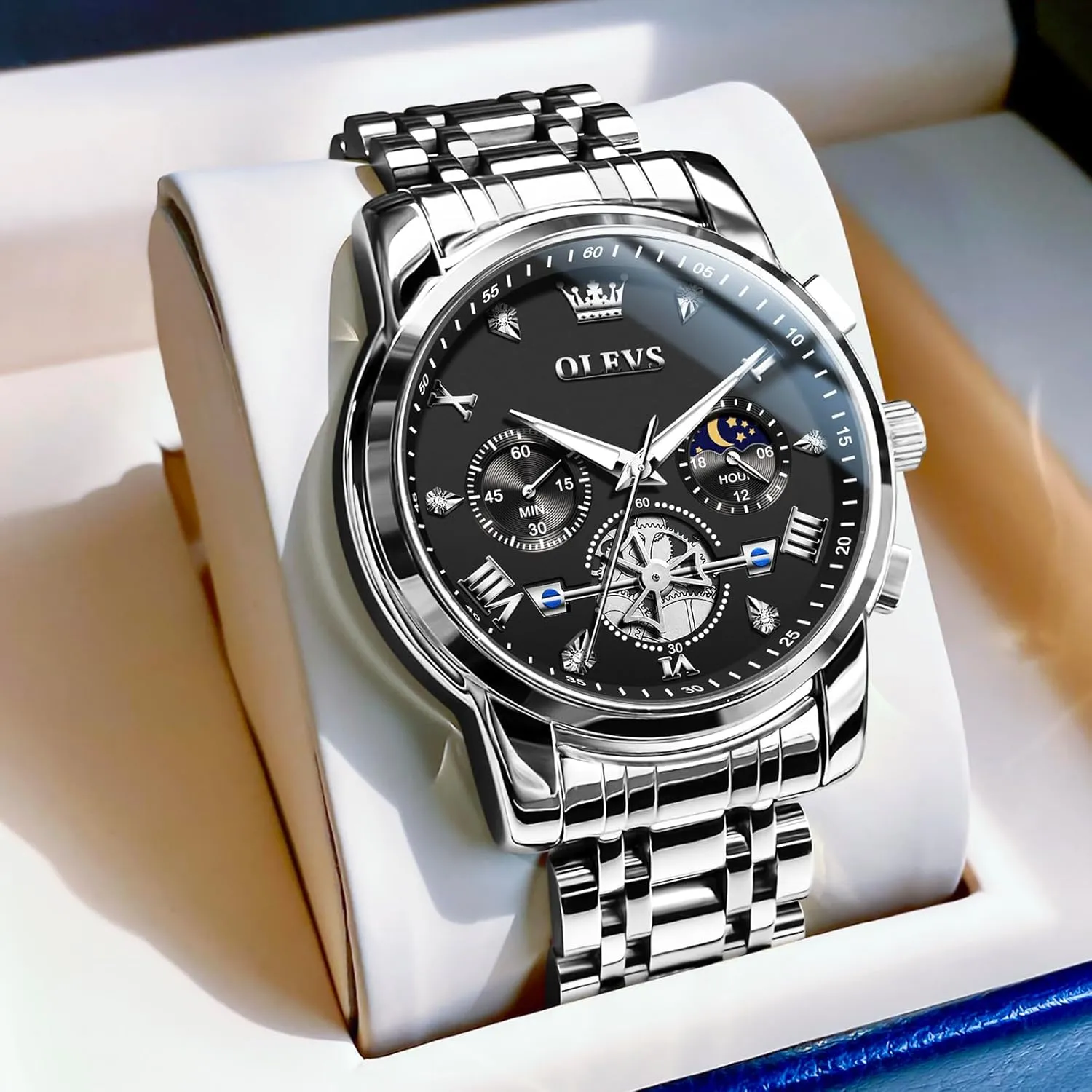 Men Watches Stainless Steel Chronograph Watch, nss Large Wrist Analog Quartz Watch, Fashion Waterproof Diamond Roman Numerals Dress Watches for Men, Gold/Black/White/Blue/Grey Dial OLEVS 