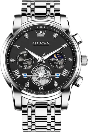 Men Watches Stainless Steel Chronograph Watch, nss Large Wrist Analog Quartz Watch, Fashion Waterproof Diamond Roman Numerals Dress Watches for Men, Gold/Black/White/Blue/Grey Dial OLEVS 