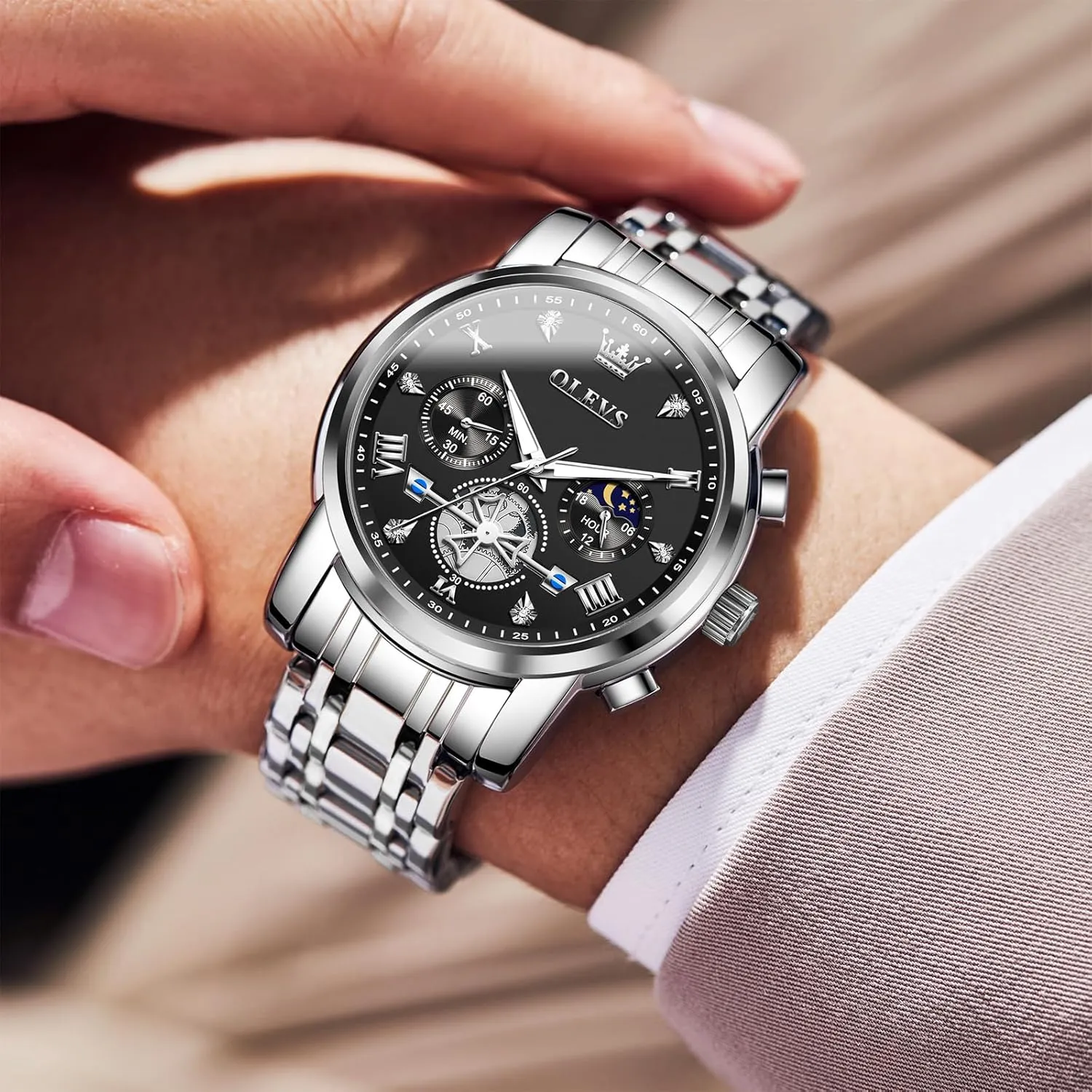 Men Watches Stainless Steel Chronograph Watch, nss Large Wrist Analog Quartz Watch, Fashion Waterproof Diamond Roman Numerals Dress Watches for Men, Gold/Black/White/Blue/Grey Dial OLEVS 
