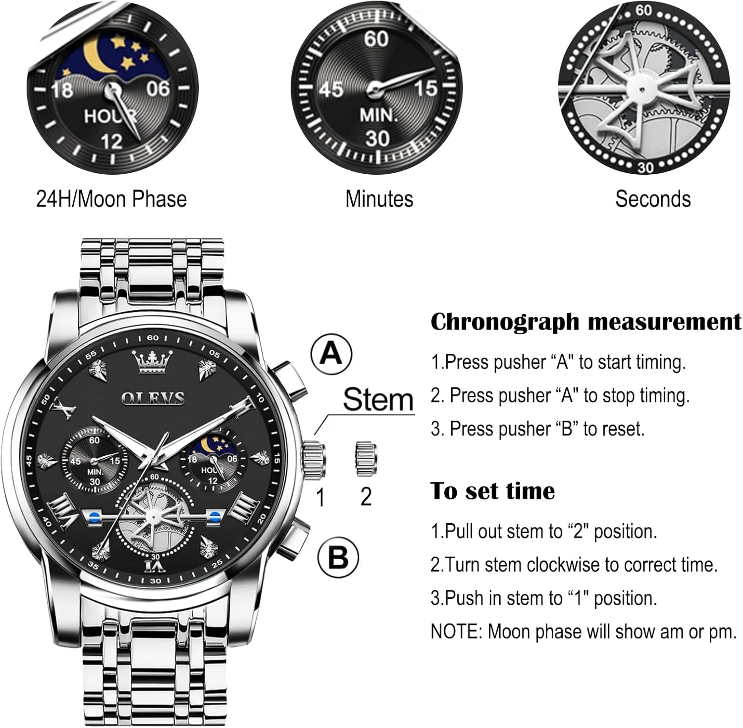 Men Watches Stainless Steel Chronograph Watch, nss Large Wrist Analog Quartz Watch, Fashion Waterproof Diamond Roman Numerals Dress Watches for Men, Gold/Black/White/Blue/Grey Dial OLEVS 