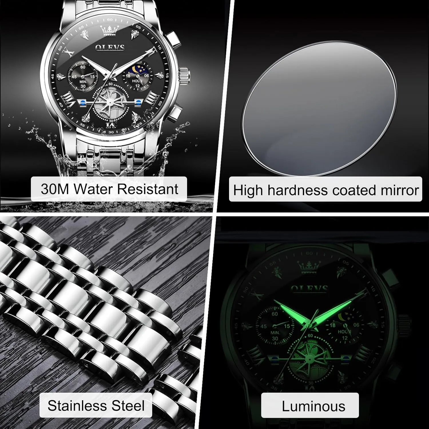 Men Watches Stainless Steel Chronograph Watch, nss Large Wrist Analog Quartz Watch, Fashion Waterproof Diamond Roman Numerals Dress Watches for Men, Gold/Black/White/Blue/Grey Dial OLEVS 