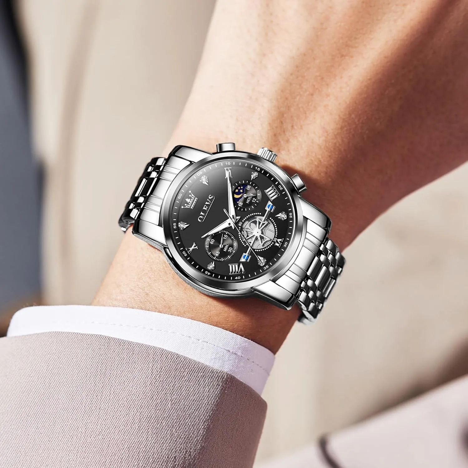 Men Watches Stainless Steel Chronograph Watch, nss Large Wrist Analog Quartz Watch, Fashion Waterproof Diamond Roman Numerals Dress Watches for Men, Gold/Black/White/Blue/Grey Dial OLEVS 