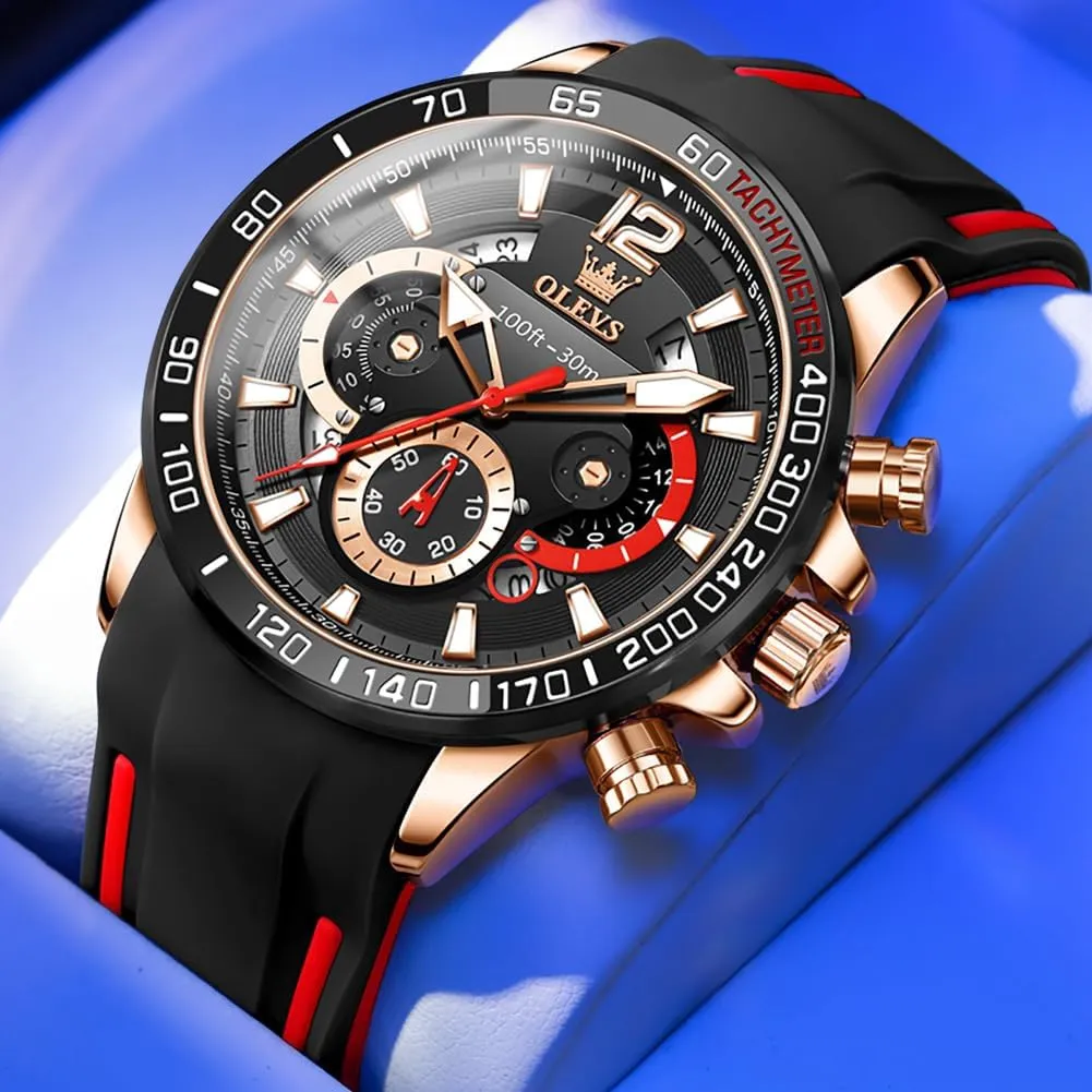 Men Watches,Pro Diver Stainless Steel Chronograph burgeon gentility Watch,Waterproof Date Dress Watch for Man,Large Face Male Watch OLEVS Stylish Wrist Watch for Men,Silicone Strap 