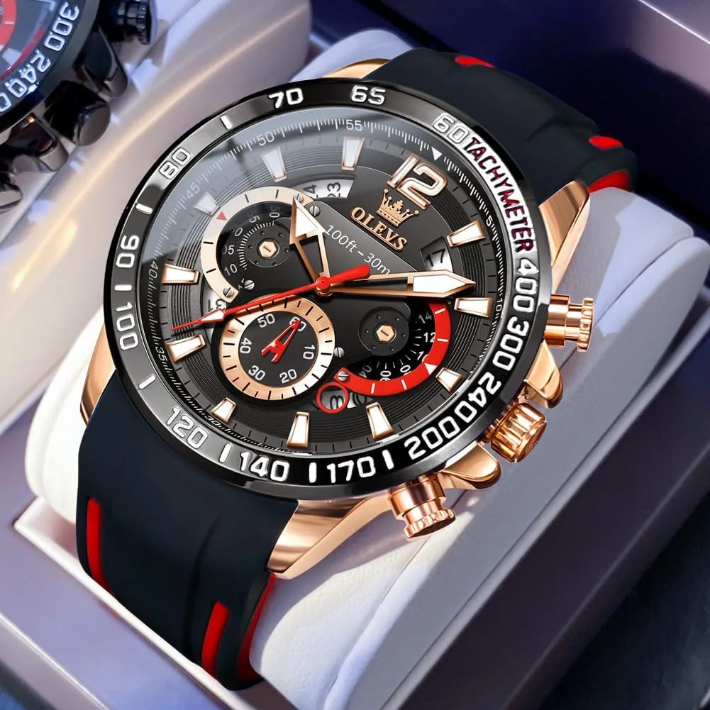 Men Watches,Pro Diver Stainless Steel Chronograph burgeon gentility Watch,Waterproof Date Dress Watch for Man,Large Face Male Watch OLEVS Stylish Wrist Watch for Men,Silicone Strap 