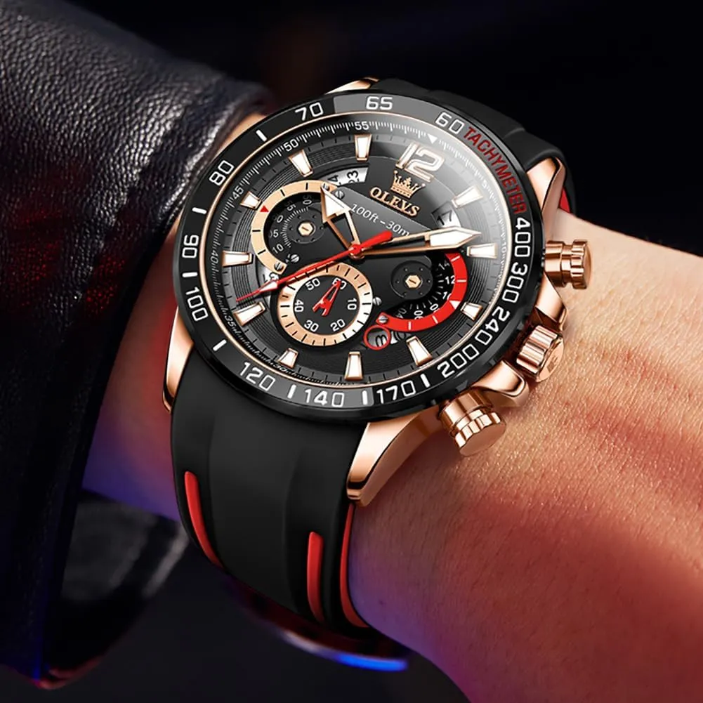 Men Watches,Pro Diver Stainless Steel Chronograph burgeon gentility Watch,Waterproof Date Dress Watch for Man,Large Face Male Watch OLEVS Stylish Wrist Watch for Men,Silicone Strap 