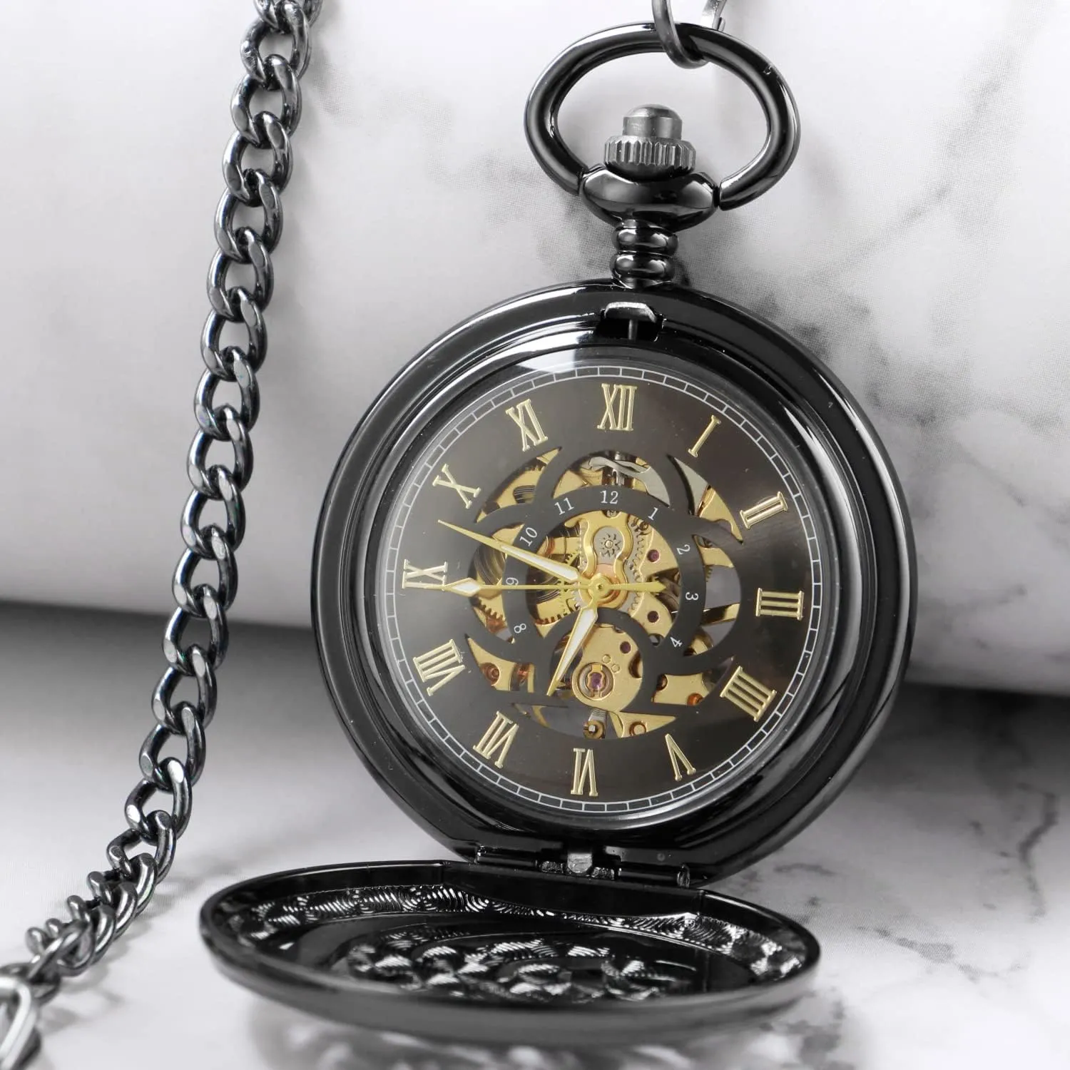 Men with petrifaction meander conquer FOB Chain Vintage Mechanical Men's Pocket Watch, Roman Dial Clock Hand Wind Pocket Watch for 