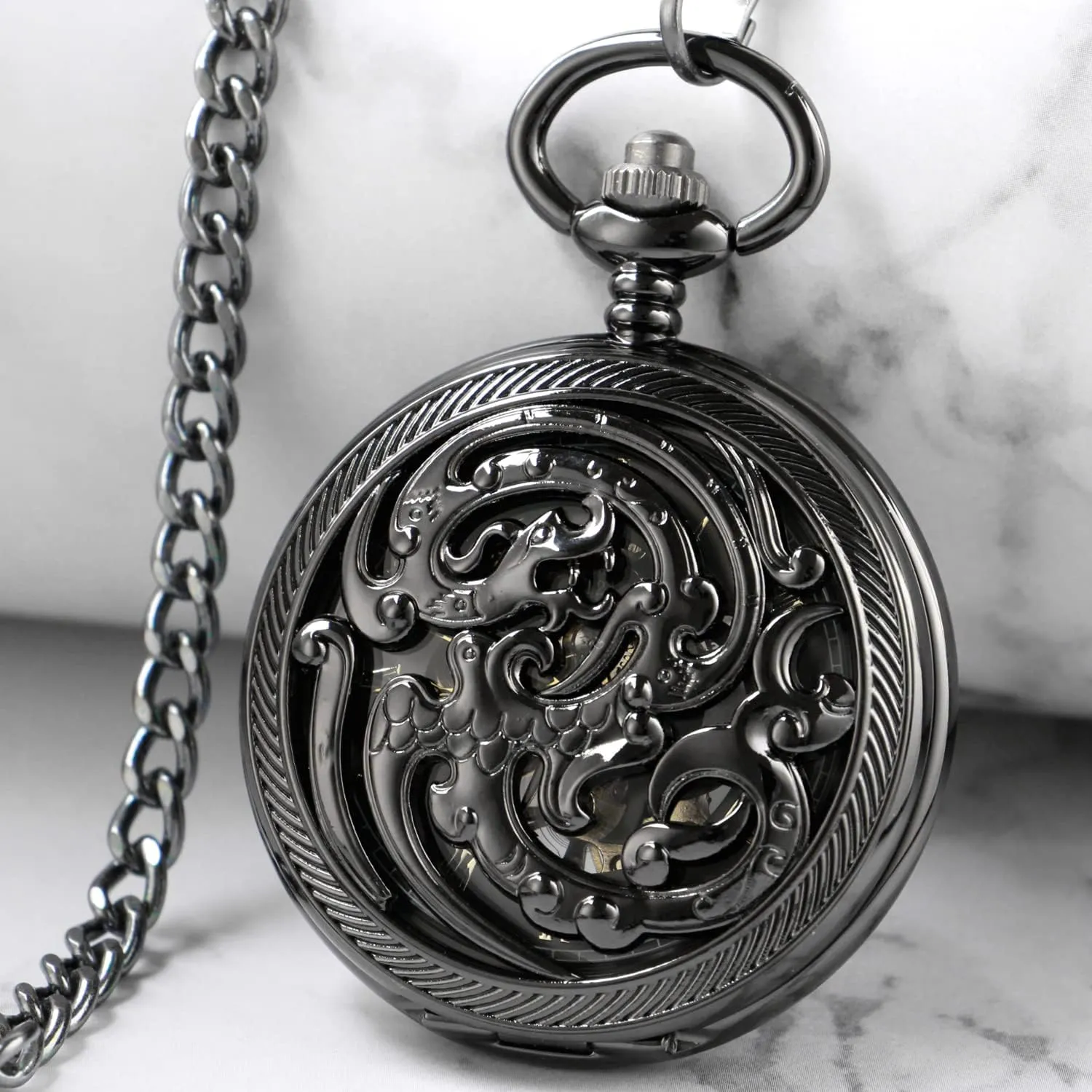 Men with petrifaction meander conquer FOB Chain Vintage Mechanical Men's Pocket Watch, Roman Dial Clock Hand Wind Pocket Watch for 
