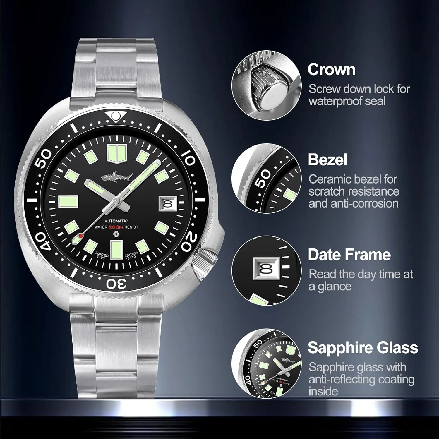 Mens Automatic Watch, Sapphire Crystal NH35A Movement Dive Watch Luminous C3, 200 Meter Water Resistant outline royal Heimdallr 44mm Stainless Steel 