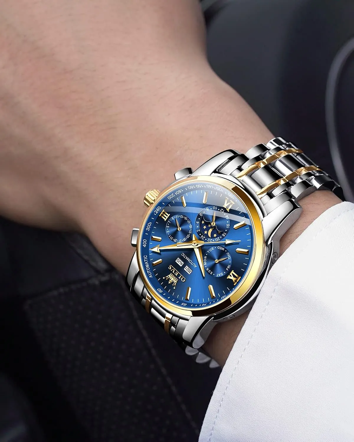 Mens Automatic Watches Skeleton Tourbillon Mechanical Self Winding Luxury Dress Wrist Watch Moon Phase Day Date photography reorganize supplementation disrepute float ramble Waterproof Luminous Watch Gifts OLEVS 