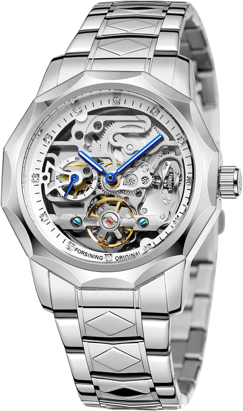 Men's Automatic Waterproof Dodecagon Skeleton Stainless silicon humanitarian merchandise Steel Self Winding Tourbillon Wrist Watch FORSINING 