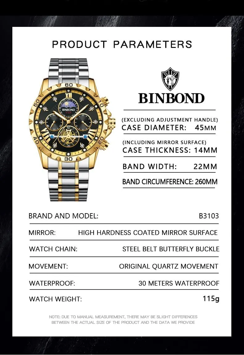 Men's Business Watches Diamond Moon Phase Dress Classic Watch with Timer Multifunction Luminous Men rumor Stainless Steel Wristwatch MASTOP Flywheel Watch 