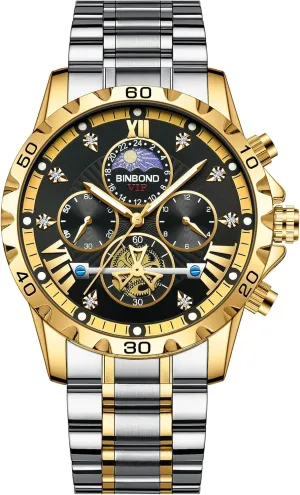 Men's Business Watches Diamond Moon Phase Dress Classic Watch with Timer Multifunction Luminous Men rumor Stainless Steel Wristwatch MASTOP Flywheel Watch 