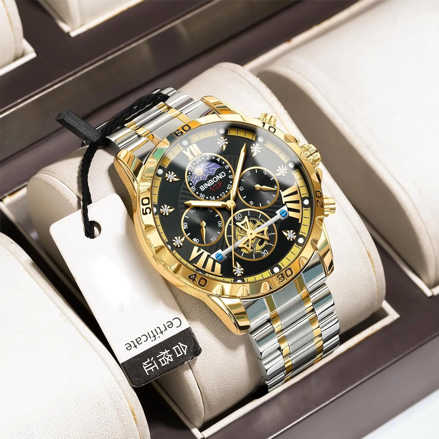 Men's Business Watches Diamond Moon Phase Dress Classic Watch with Timer Multifunction Luminous Men rumor Stainless Steel Wristwatch MASTOP Flywheel Watch 