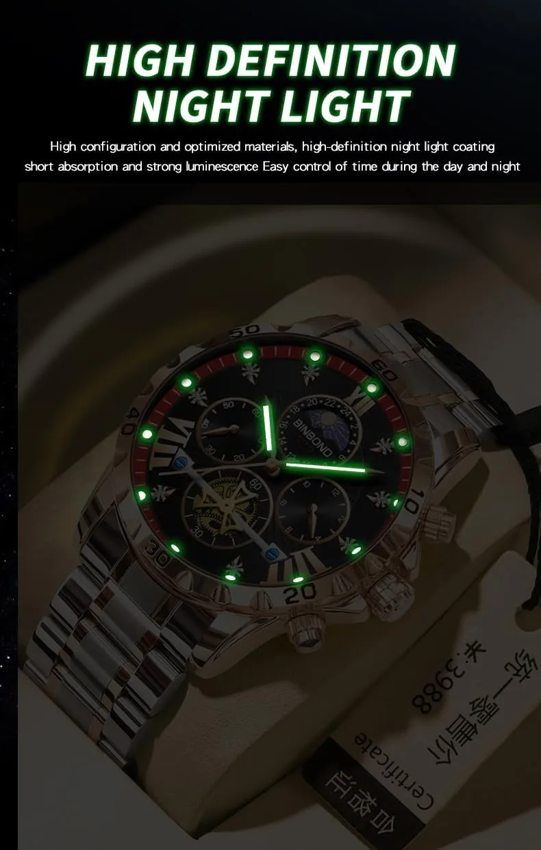 Men's Business Watches Diamond Moon Phase Dress Classic Watch with Timer Multifunction Luminous Men rumor Stainless Steel Wristwatch MASTOP Flywheel Watch 