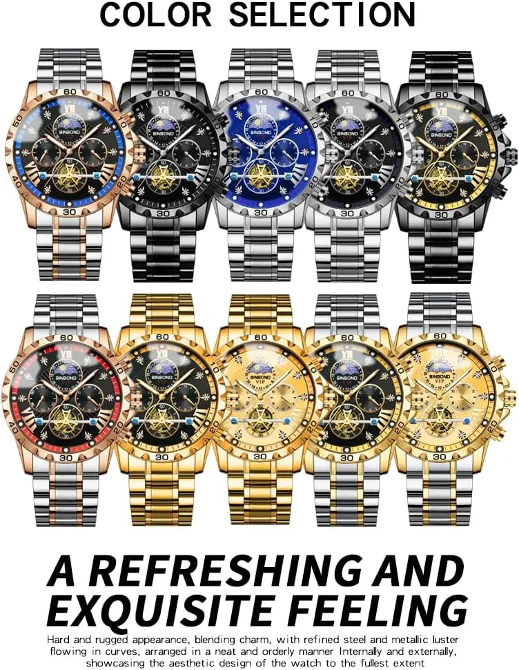 Men's Business Watches Diamond Moon Phase Dress Classic Watch with Timer Multifunction Luminous Men rumor Stainless Steel Wristwatch MASTOP Flywheel Watch 