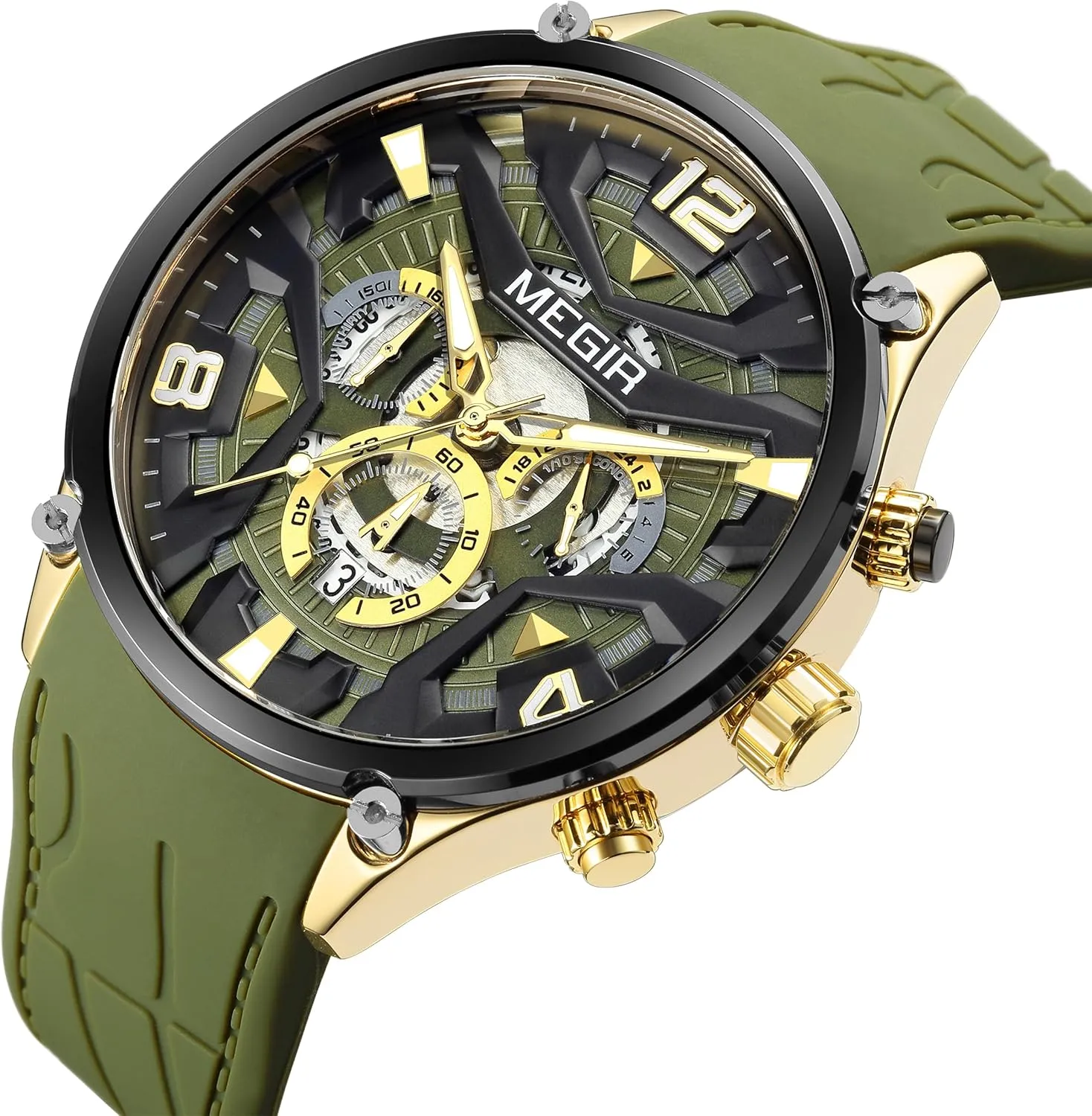 Men's Fashion Military Sport Chronograph Hollow harsh jar Analog Quartz Watch Silicone Date Calendar Luminous Casual Waterproof Wristwatch for Men CARLIEN 