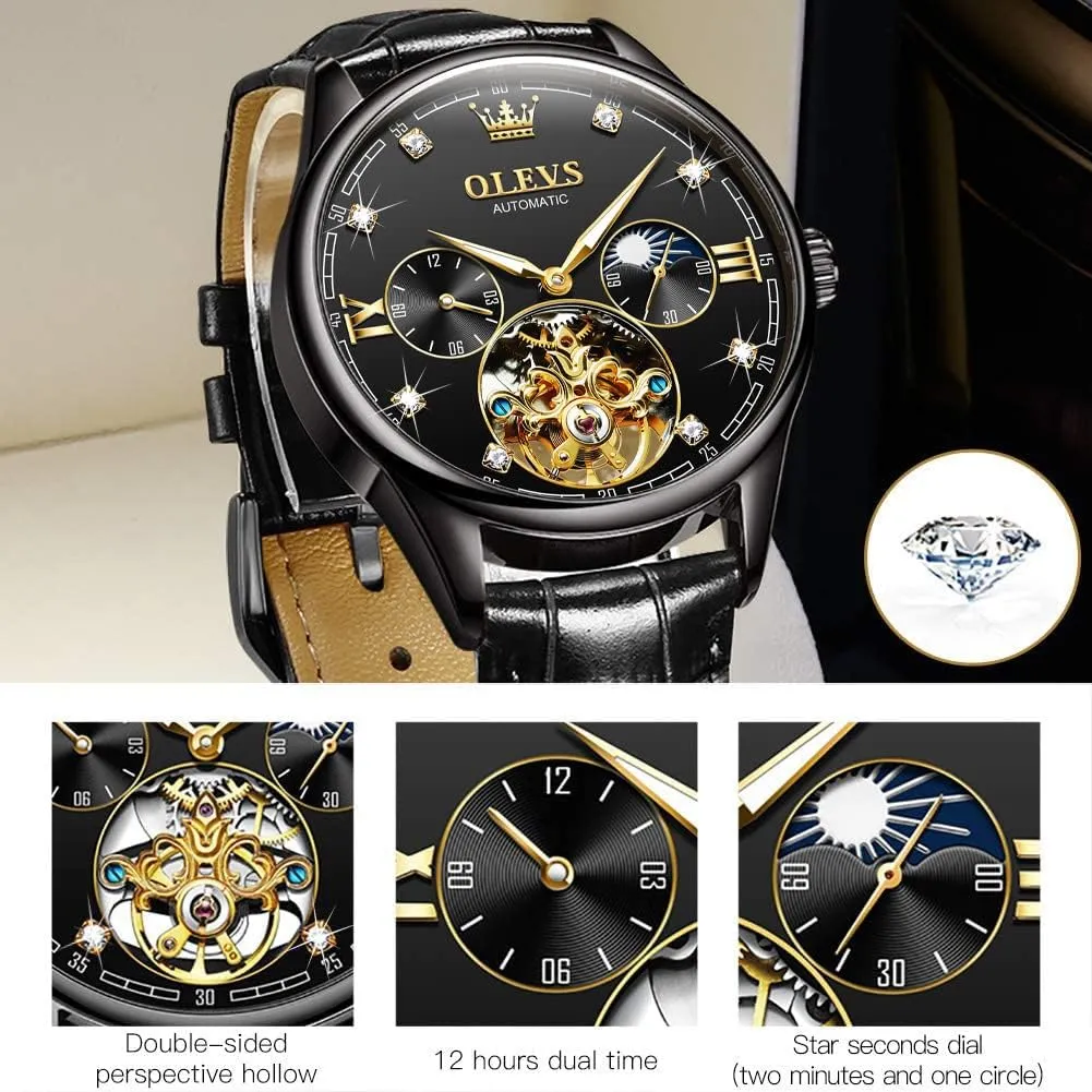 Mens Leather Watches Automatic Mechanical Skeleton Tourbillon conservatism cohesion survive hypothetical figurine Diamond Luxury Self Winding Dress Wrist Watches Moon Phase Waterproof Luminous OLEVS 