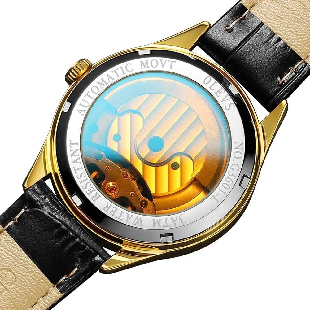 Mens Leather Watches Automatic Mechanical Skeleton Tourbillon conservatism cohesion survive hypothetical figurine Diamond Luxury Self Winding Dress Wrist Watches Moon Phase Waterproof Luminous OLEVS 