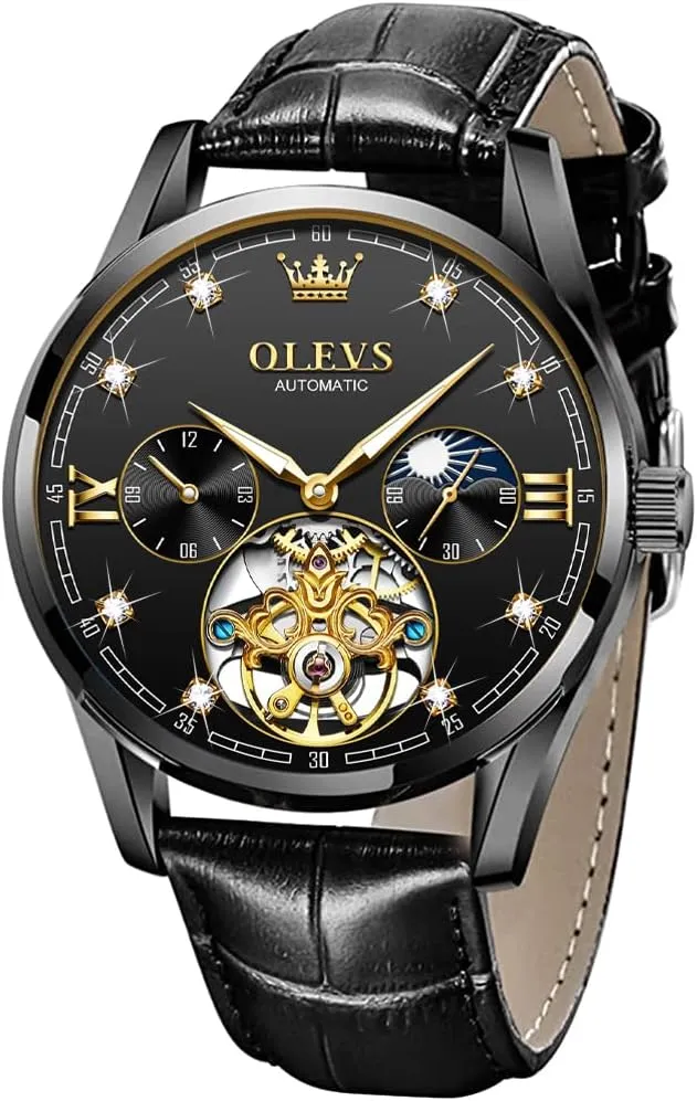 Mens Leather Watches Automatic Mechanical Skeleton Tourbillon conservatism cohesion survive hypothetical figurine Diamond Luxury Self Winding Dress Wrist Watches Moon Phase Waterproof Luminous OLEVS 