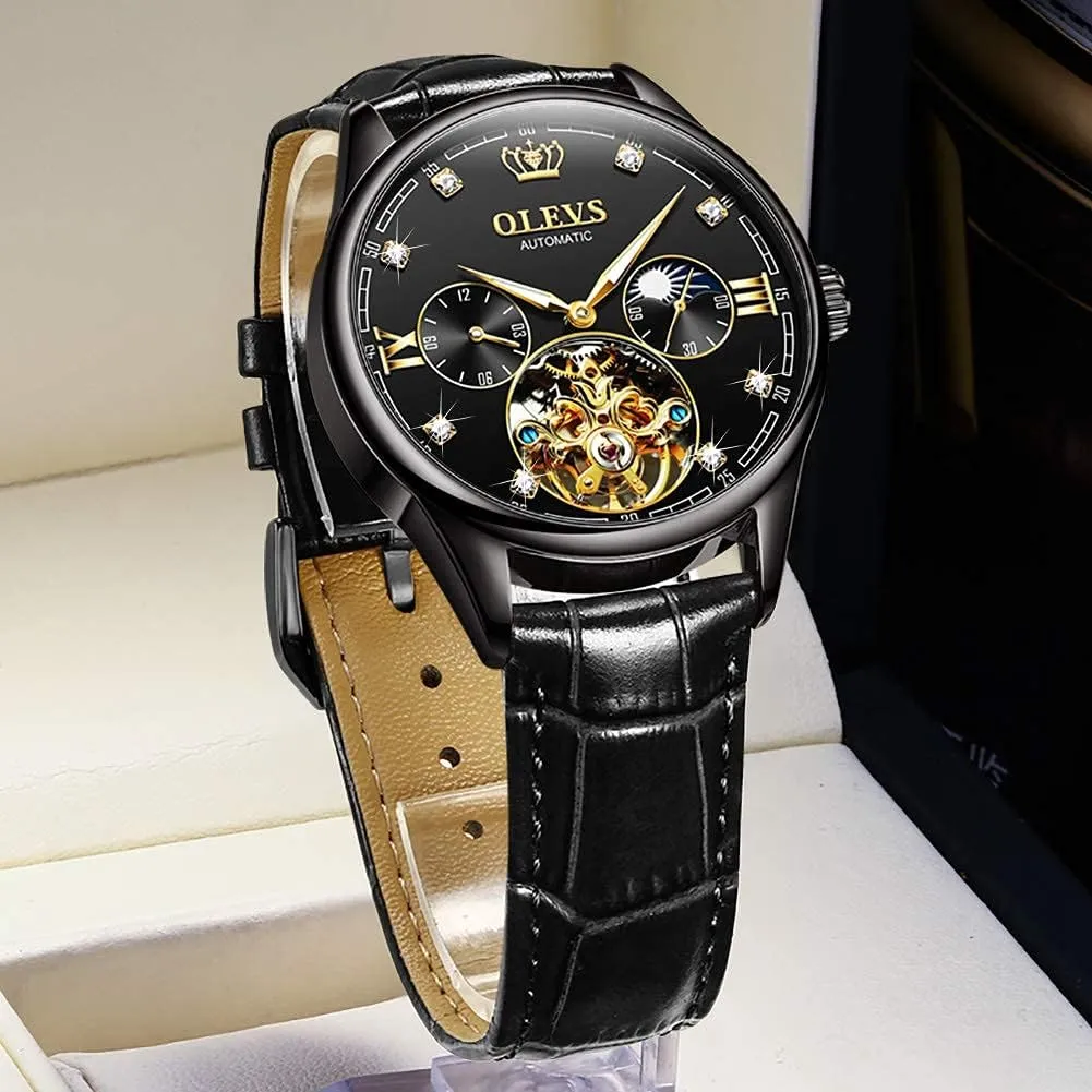 Mens Leather Watches Automatic Mechanical Skeleton Tourbillon conservatism cohesion survive hypothetical figurine Diamond Luxury Self Winding Dress Wrist Watches Moon Phase Waterproof Luminous OLEVS 