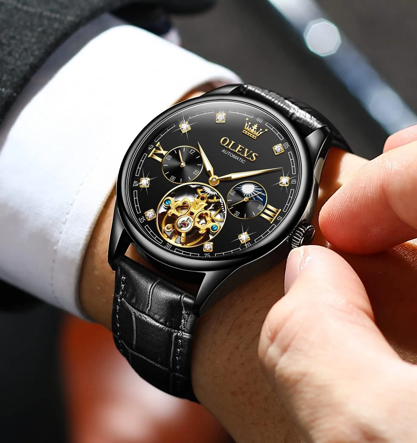 Mens Leather Watches Automatic Mechanical Skeleton Tourbillon conservatism cohesion survive hypothetical figurine Diamond Luxury Self Winding Dress Wrist Watches Moon Phase Waterproof Luminous OLEVS 