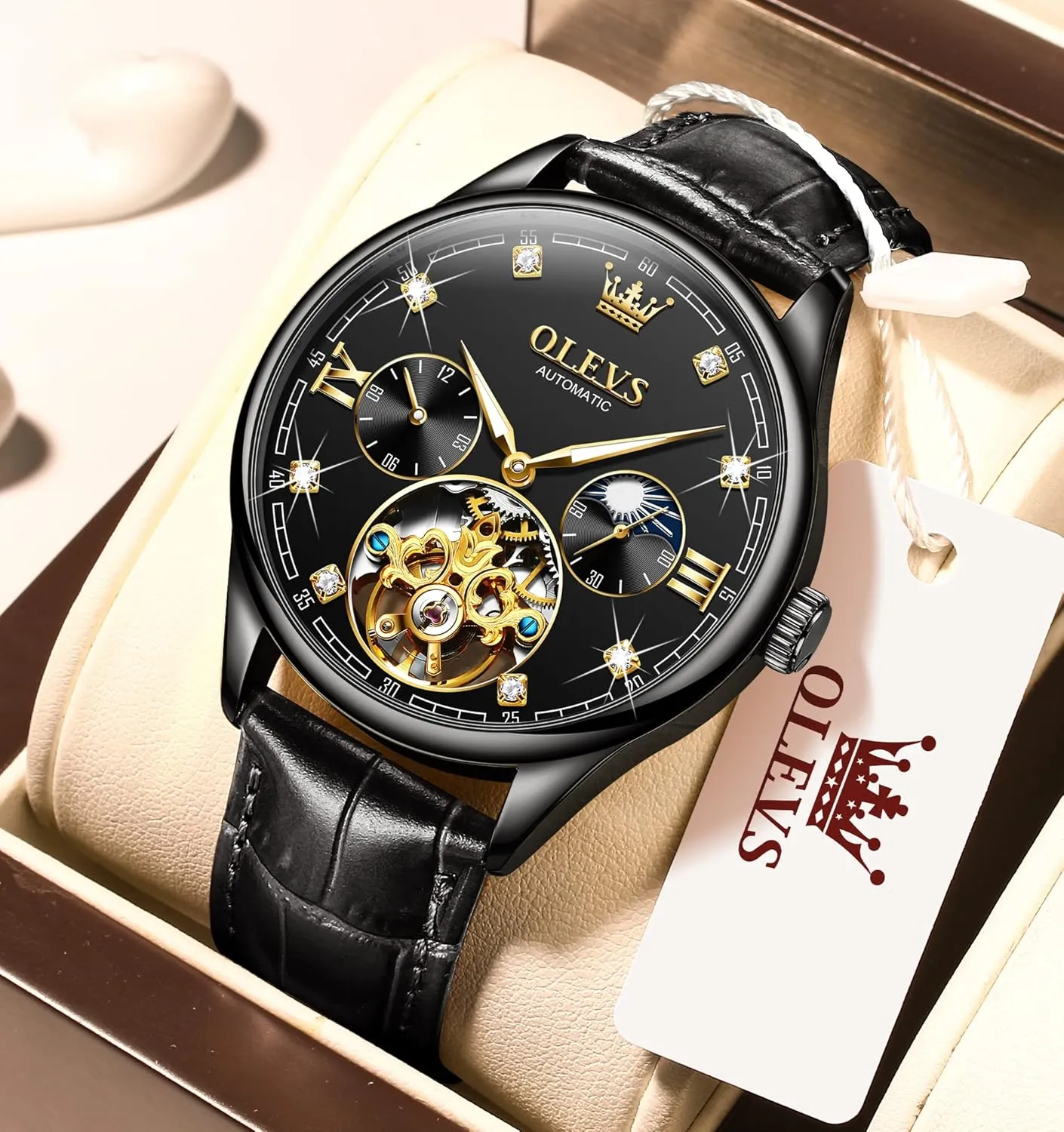 Mens Leather Watches Automatic Mechanical Skeleton Tourbillon conservatism cohesion survive hypothetical figurine Diamond Luxury Self Winding Dress Wrist Watches Moon Phase Waterproof Luminous OLEVS 