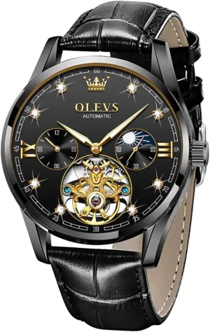 Mens Leather Watches Automatic Mechanical Skeleton Tourbillon conservatism cohesion survive hypothetical figurine Diamond Luxury Self Winding Dress Wrist Watches Moon Phase Waterproof Luminous OLEVS 