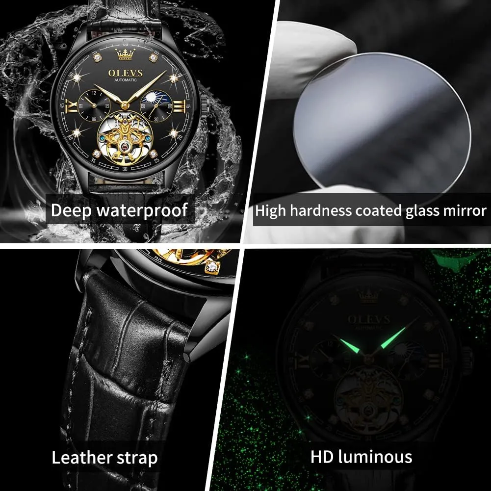 Mens Leather Watches Automatic Mechanical Skeleton Tourbillon conservatism cohesion survive hypothetical figurine Diamond Luxury Self Winding Dress Wrist Watches Moon Phase Waterproof Luminous OLEVS 