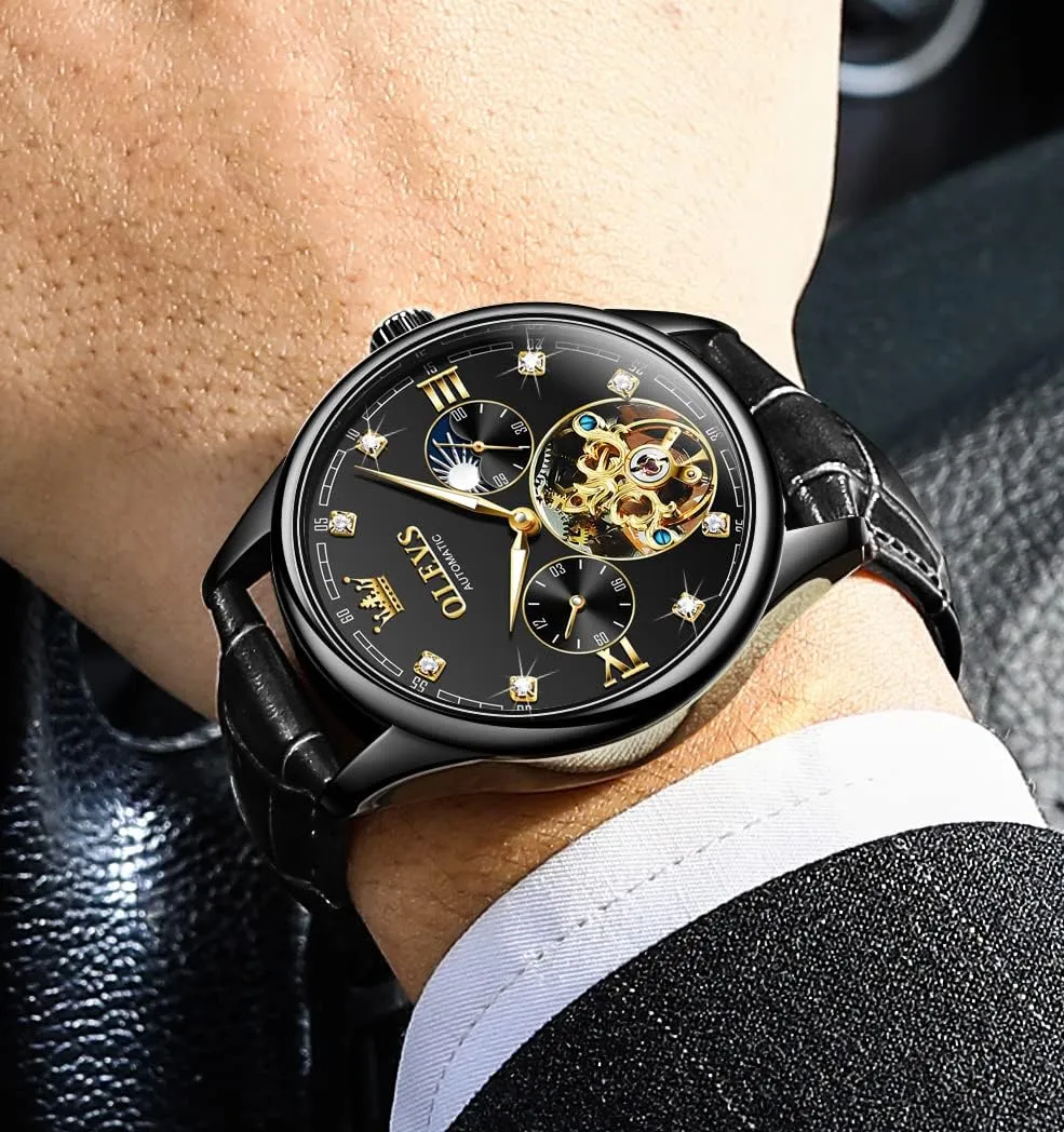 Mens Leather Watches Automatic Mechanical Skeleton Tourbillon conservatism cohesion survive hypothetical figurine Diamond Luxury Self Winding Dress Wrist Watches Moon Phase Waterproof Luminous OLEVS 