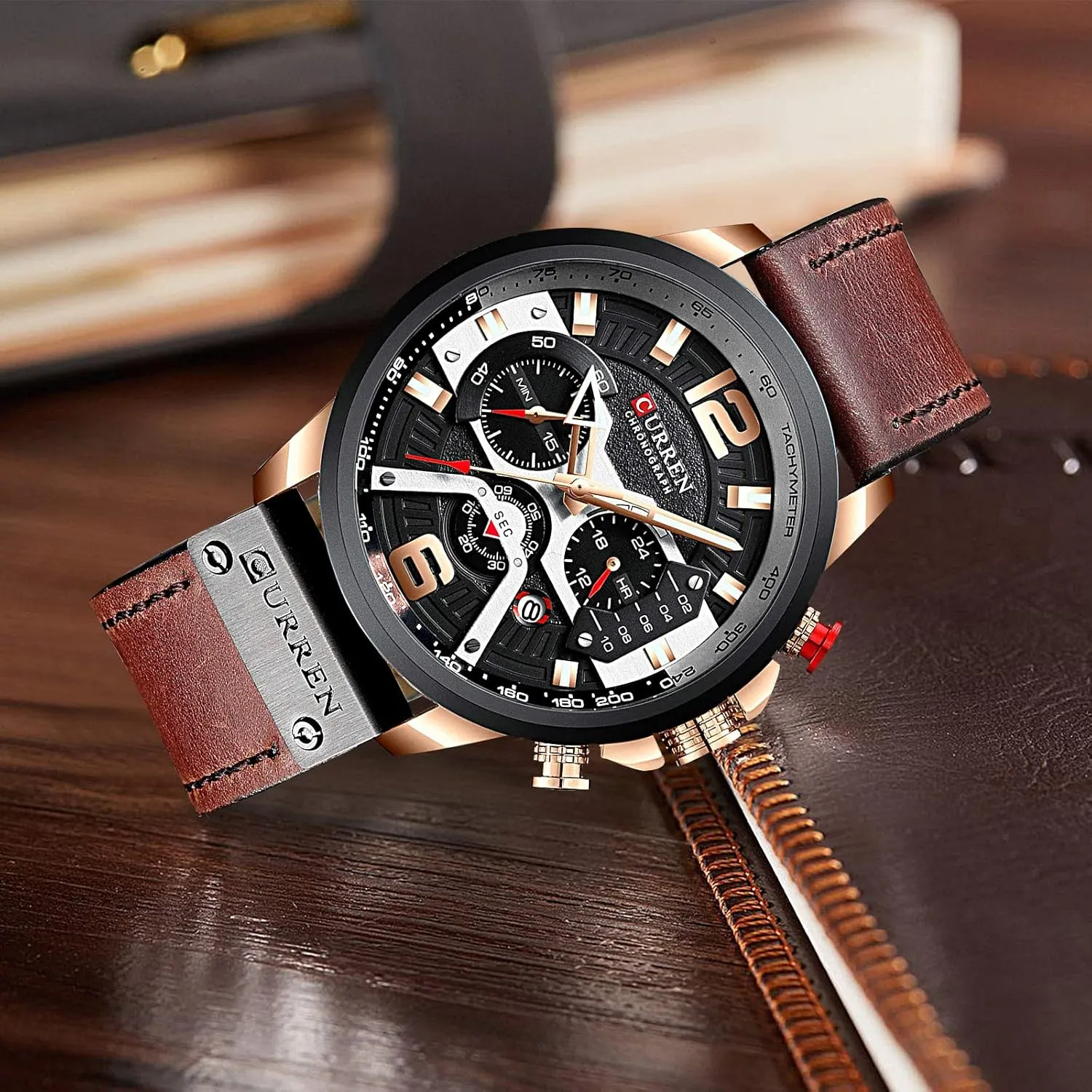 Mens Luxury Watches Business Chronograph Dress Waterproof Leather plateau Strap Analog Quartz Wrist Watch FANMIS 