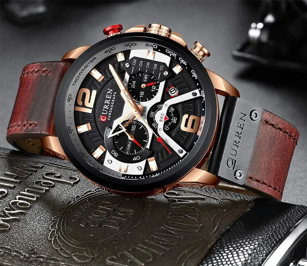 Mens Luxury Watches Business Chronograph Dress Waterproof Leather plateau Strap Analog Quartz Wrist Watch FANMIS 