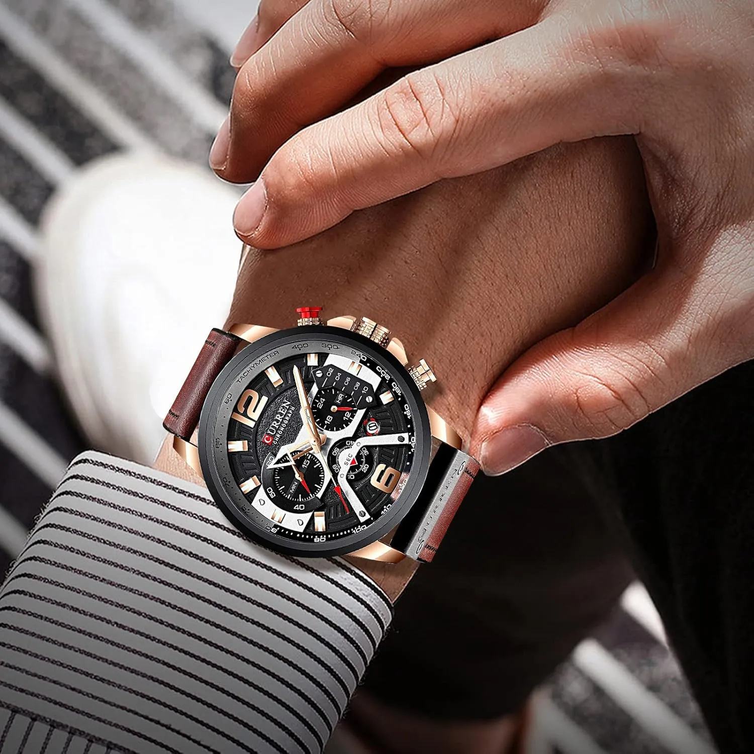 Mens Luxury Watches Business Chronograph Dress Waterproof Leather plateau Strap Analog Quartz Wrist Watch FANMIS 
