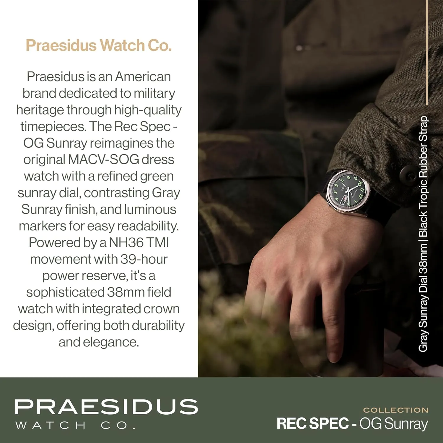Men's Military Watch, NH36 Automatic Wrist Watch, 50M Water Resistant Field Watch with Leather/Rubber/Canvass Strap with Khaki Brown/OG and White journalism brand Sunray/Popcorn Dial Rec Spec 38mm 